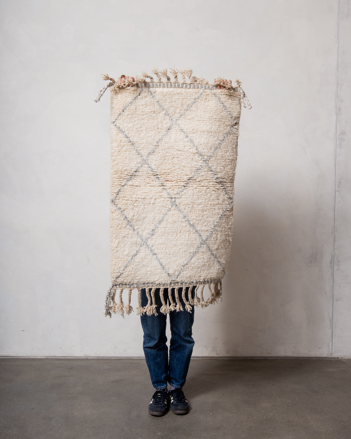 Modern, designer, handcrafted Berber rug from Morocco. Beniourain carpet with beautiful colours and patterns and fluffy wool texture.